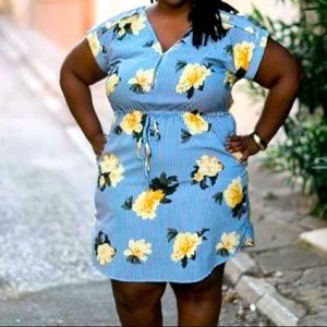 Blue and white striped dress with yellow flowers